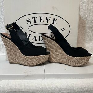 Steve Madden Black and Tan Wedge Sandals